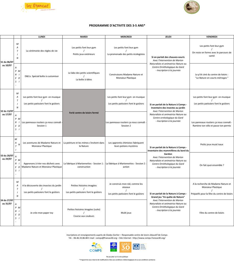 Programme D Activites Du Centre De Loisirs De Cet Ete Site Officiel De La Ville De Comps Gard