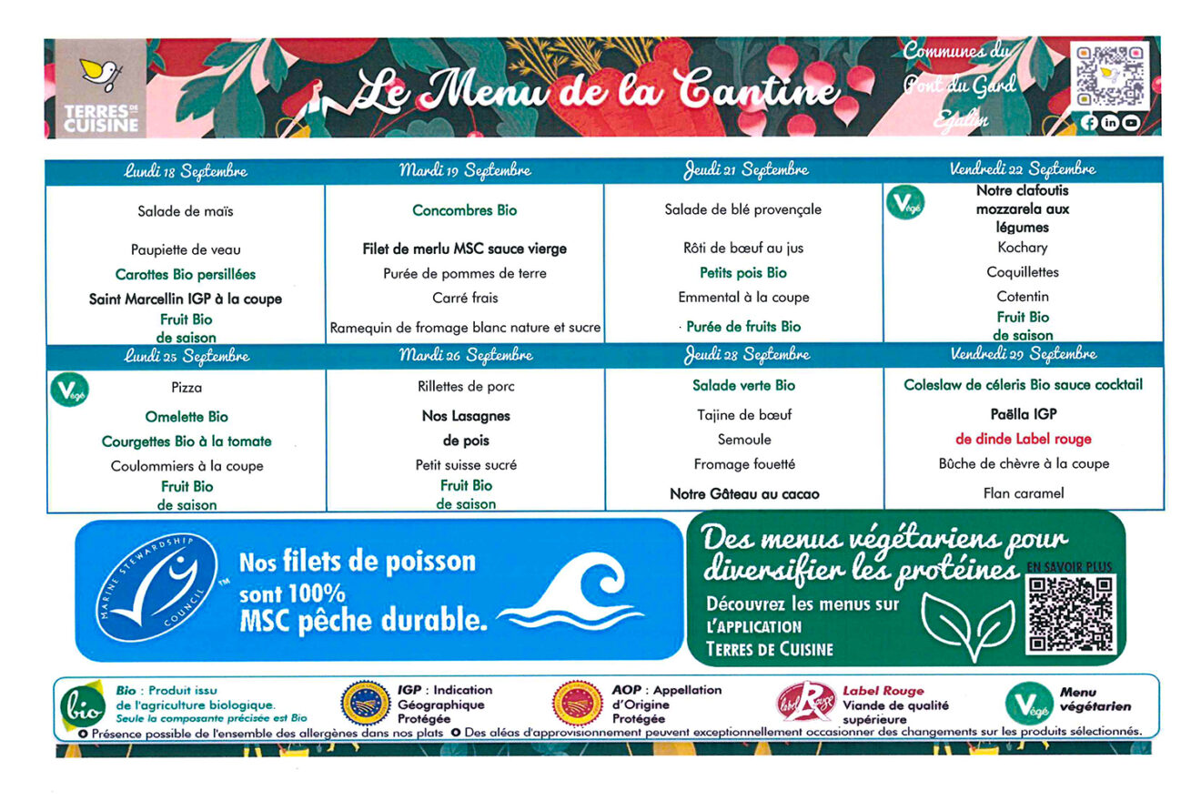 Menu de la Cantine scolaire – Site officiel de la ville de Comps (Gard)